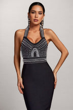 Maia Pearl Halter Bandage Midi Dress - Black