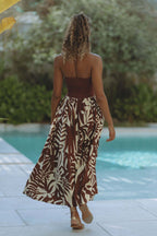 Tropical Leaf Print Halter Square Neck Pocket Maxi Dress