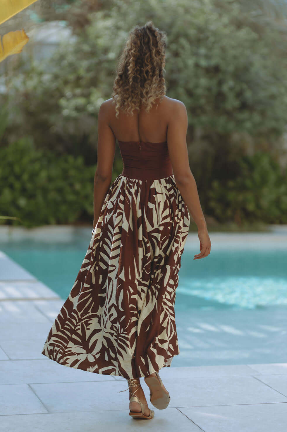 Tropical Leaf Print Halter Square Neck Pocket Maxi Dress