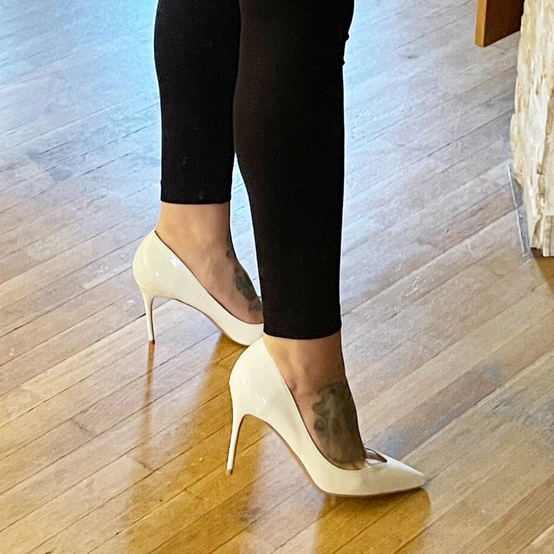 Glossy White Pointy Toe High Heel Shoes with Front V Cut for Women