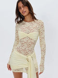 Sheer Floral Lace Long Sleeve Sweetheart Ruched Bust Draped Knot Skirt Mini Dress