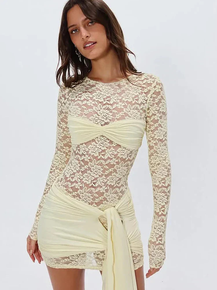 Sheer Floral Lace Long Sleeve Sweetheart Ruched Bust Draped Knot Skirt Mini Dress
