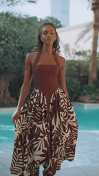 Tropical Leaf Print Halter Square Neck Pocket Maxi Dress