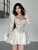 Floral Lace Halter Corset Puff Sleeve Fit and Flare Mini Dress