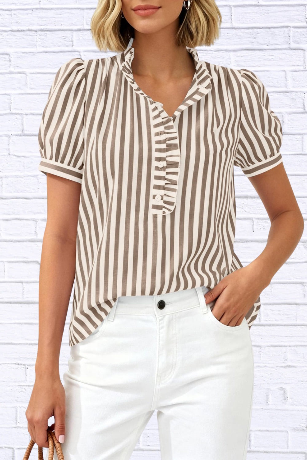 Frill Striped Puff Sleeve Blouse | Chic Women__ Top