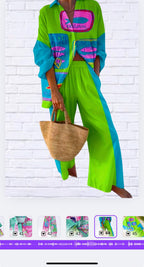 Fun, Bold, Eye-Catching Long Sleeved Elastic Waist Pants Set _ Lime Green and Turquoise