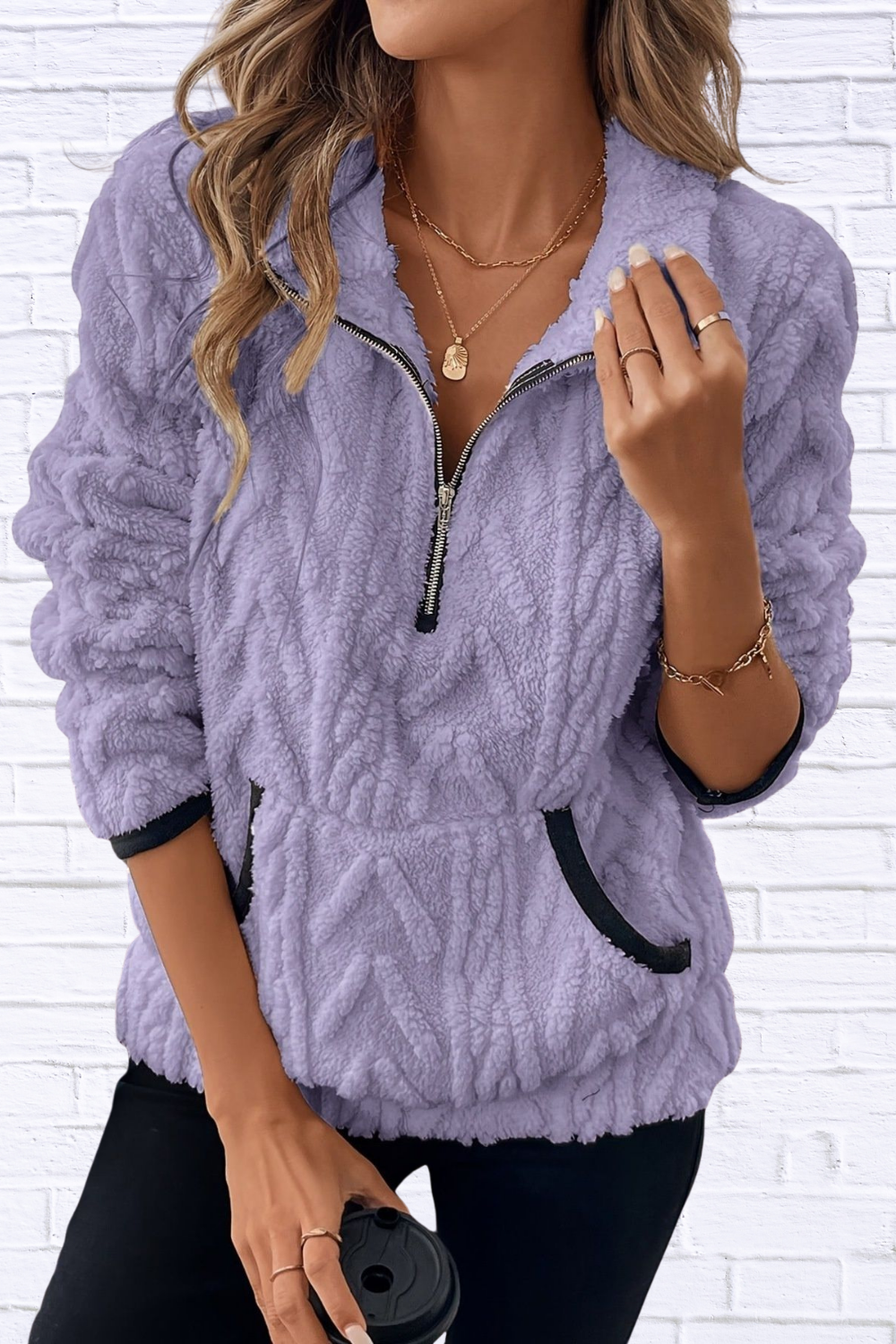Full Size Half Zip Kangaroo Pocket Sweatshirt Plus Size