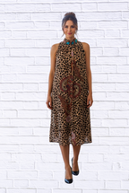 Animal and Paisley Print Sleeveless Maxi Dress _ High Neck Bow Detail Flowy Woven Dress
