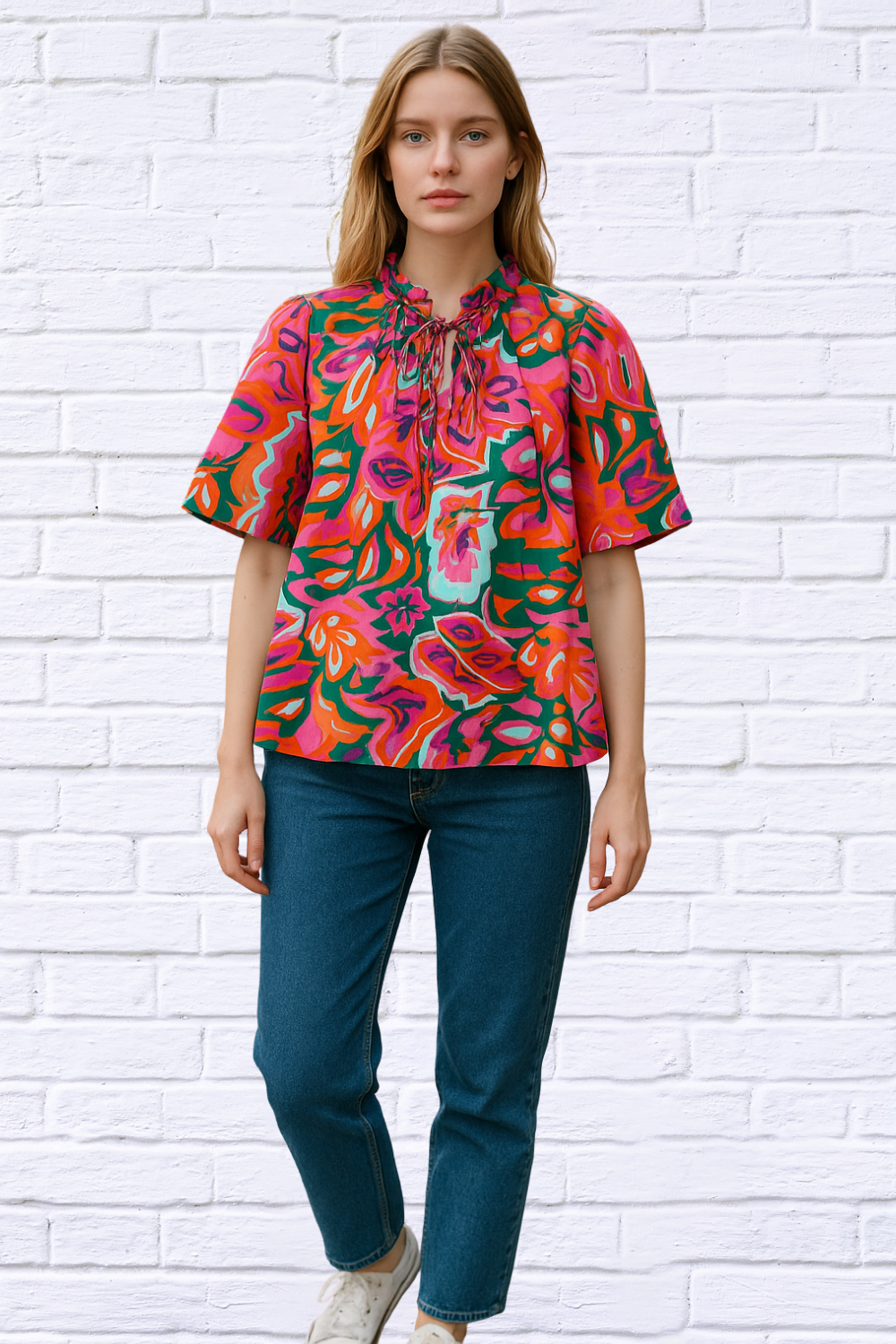 Tropical Print Short Sleeve Tie Neck Blouse _ Multicolor