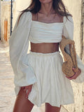 Lace-up Top Pleated Skirt Two-Pieces