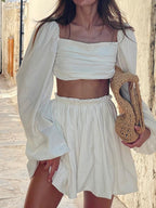 Lace-up Top Pleated Skirt Two-Pieces