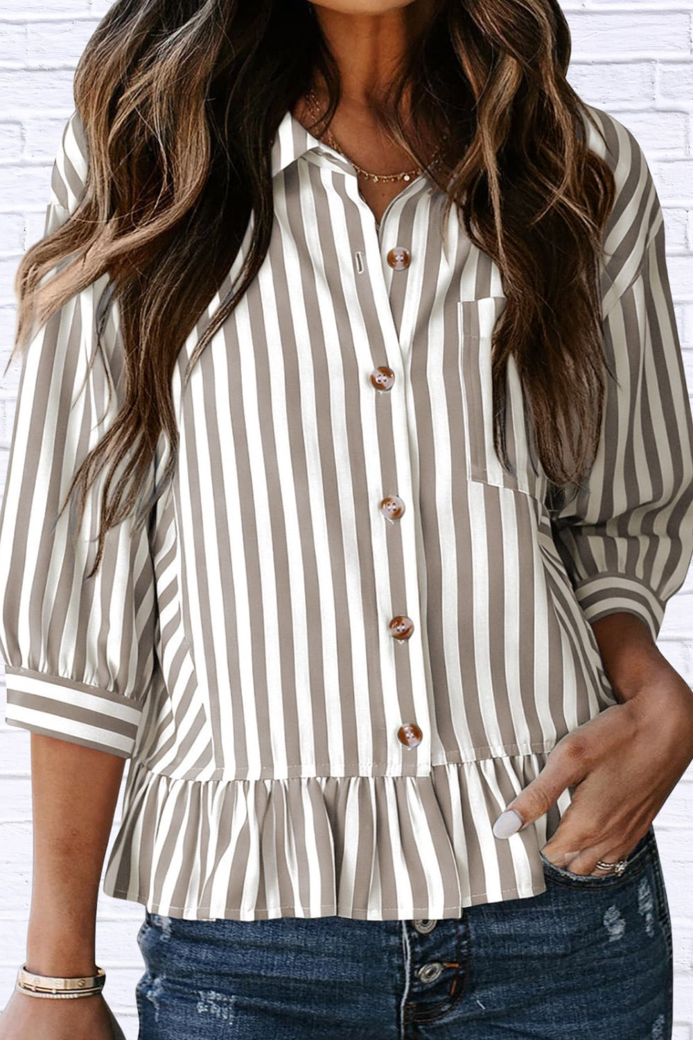Striped Ruffle Hem Button-Down Shirt | Chic Women__ Top