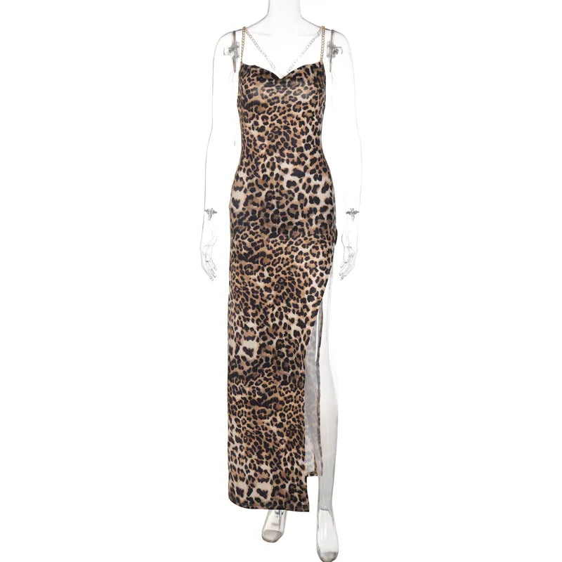 Print Cowl Neck Spaghetti Strap High Split Slip Maxi Dress