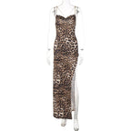 Print Cowl Neck Spaghetti Strap High Split Slip Maxi Dress