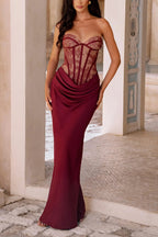Kathleen Floral Lace Contrast Structural Detail Back Lace-up Satin Hem Strapless Maxi Dress