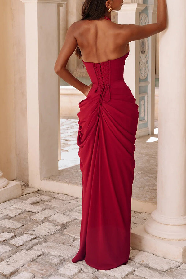 Minette Halter Back Lace-up Asymmetrical Pleats Slit Maxi Dress