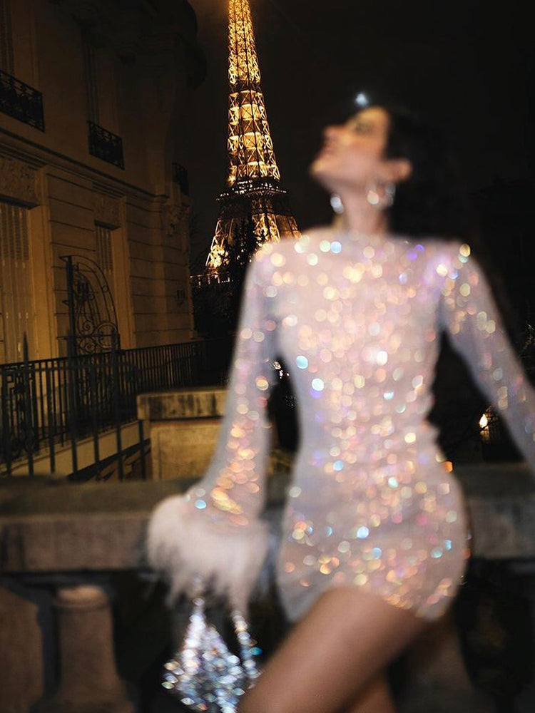 Stella Elevated Feather Embellished Sheer Party Dress Evening Wear Edit