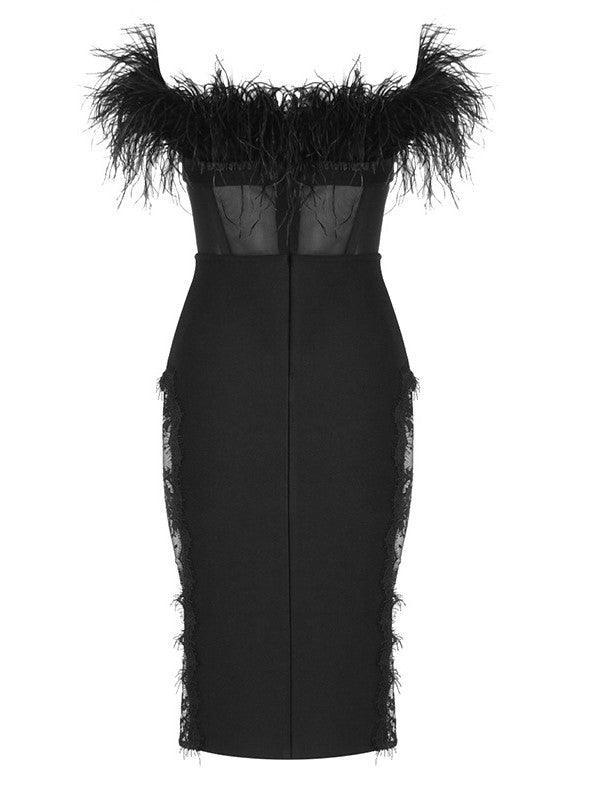 Abby Feather Trimmed Lace Bodycon Dress