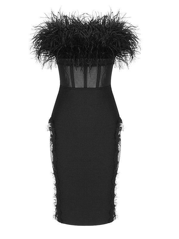 Abby Feather Trimmed Lace Bodycon Dress