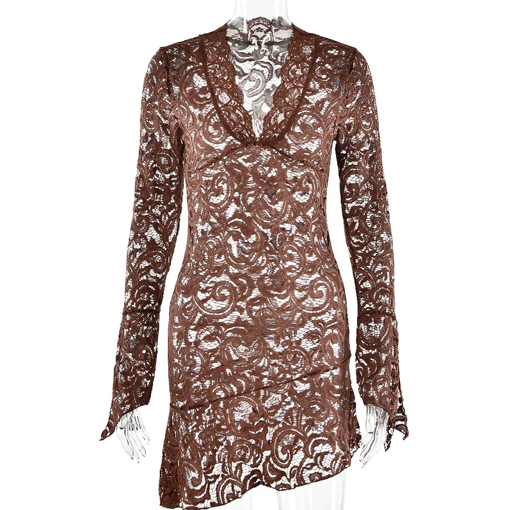 Sheer Floral Lace Deep V-Neck Bell Sleeve Ruffle Hem Bodycon Mini Dress
