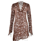 Sheer Floral Lace Deep V-Neck Bell Sleeve Ruffle Hem Bodycon Mini Dress