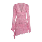 Sheer Floral Lace Deep V-Neck Bell Sleeve Ruffle Hem Bodycon Mini Dress