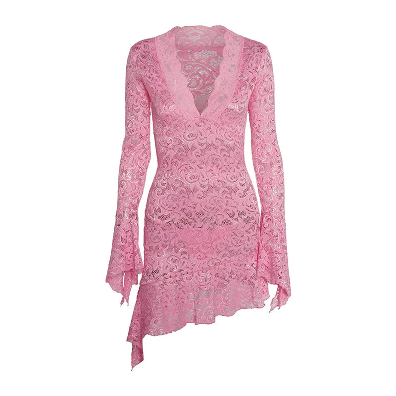 Sheer Floral Lace Deep V-Neck Bell Sleeve Ruffle Hem Bodycon Mini Dress