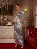 One Shoulder Long Sleeve 3D Flower Sequin Column Maxi Gown
