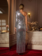 One Shoulder Long Sleeve 3D Flower Sequin Column Maxi Gown
