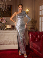 One Shoulder Long Sleeve 3D Flower Sequin Column Maxi Gown