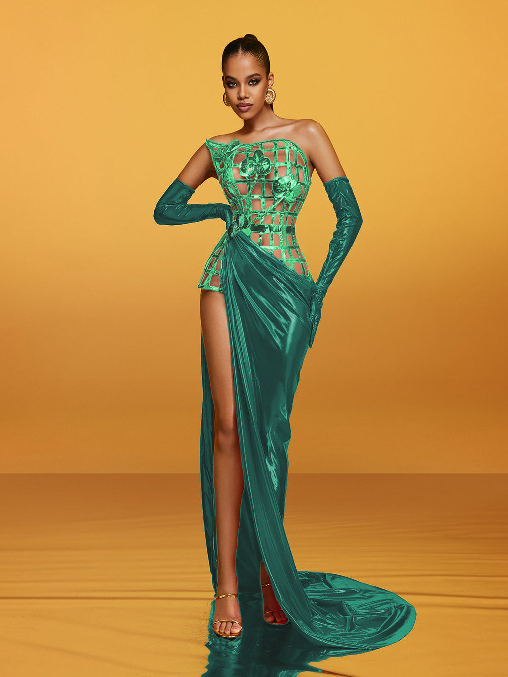 Metallic Lattice Asymmetrical Bodice High Split Maxi Gown