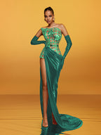 Metallic Lattice Asymmetrical Bodice High Split Maxi Gown