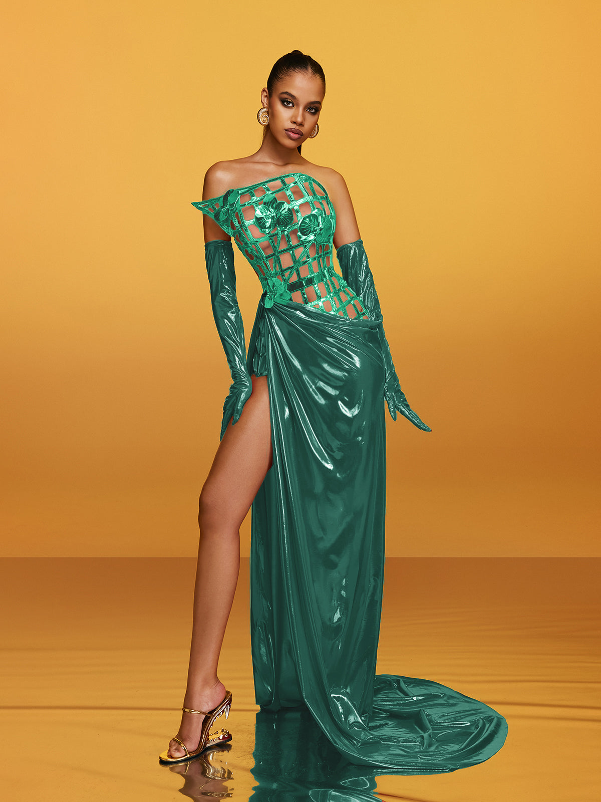 Metallic Lattice Asymmetrical Bodice High Split Maxi Gown