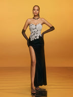 Strapless Sweetheart Embroidered Velvet High Split Maxi Gown