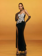 Strapless Sweetheart Embroidered Velvet High Split Maxi Gown