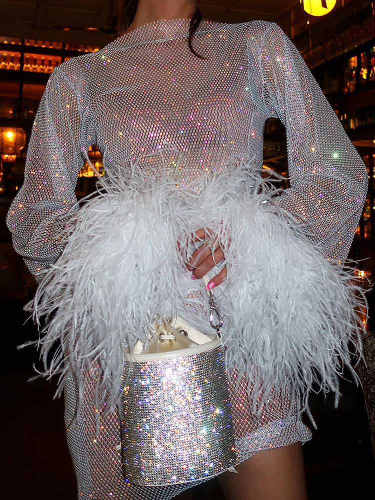 Stella Elevated Feather Embellished Sheer Party Dress Evening Wear Edit
