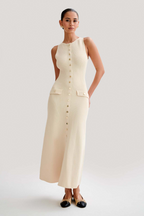 Ribbed Knit Button Front Contrast Trim Sleeveless Midi Dress