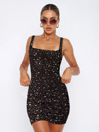 Rhinestone Studded Square Neck Sleeveless Bodycon Mini Dress