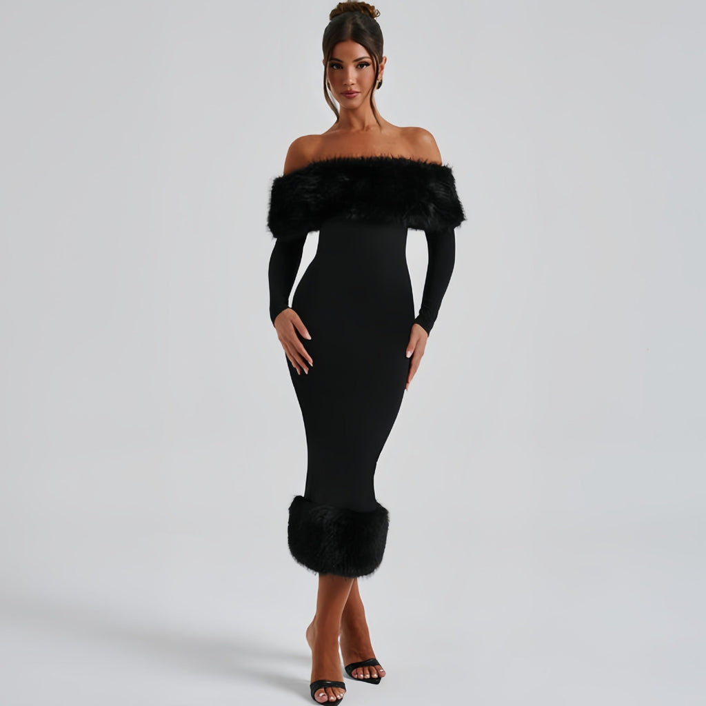 Off Shoulder Faux Fur Trim Long Sleeve Bodycon Midi Dress
