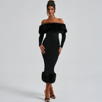 Off Shoulder Faux Fur Trim Long Sleeve Bodycon Midi Dress