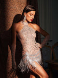 Rhinestone Embellished Halter Fringe Hem Mini Dress and Opera Gloves Set