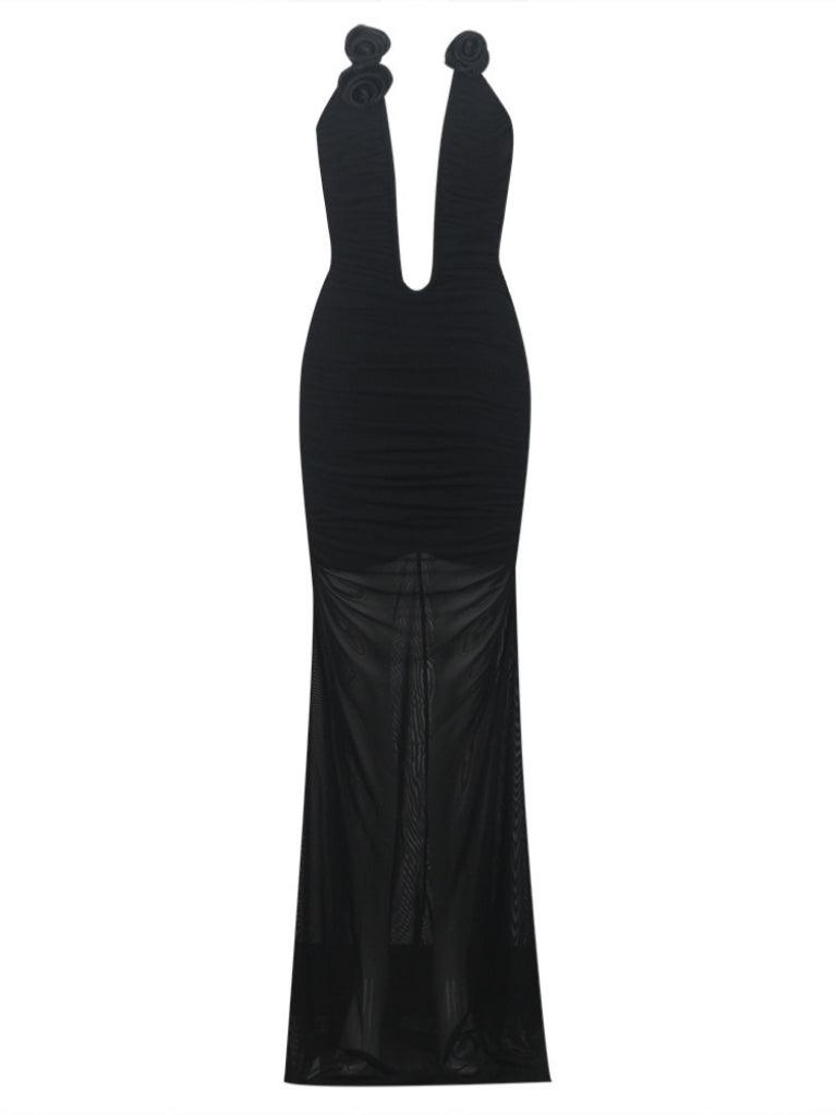 Halter 3D Rosette Ruched Bodice Sheer Shimmer Maxi Gown