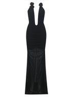 Halter 3D Rosette Ruched Bodice Sheer Shimmer Maxi Gown