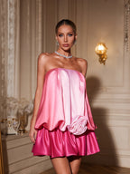 Strapless Ombre 3D Rosette Bubble Hem Satin Mini Dress