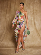 Tropical Floral Print One Shoulder Cut Out Asymmetric Ruffle Maxi Dress