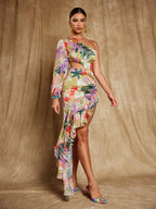 Tropical Floral Print One Shoulder Cut Out Asymmetric Ruffle Maxi Dress