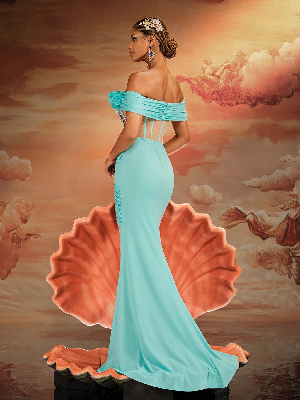 Off Shoulder Starfish Applique Sheer Corset Ruched Column Maxi Gown