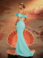 Off Shoulder Starfish Applique Sheer Corset Ruched Column Maxi Gown