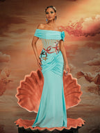 Off Shoulder Starfish Applique Sheer Corset Ruched Column Maxi Gown