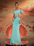 Off Shoulder Starfish Applique Sheer Corset Ruched Column Maxi Gown
